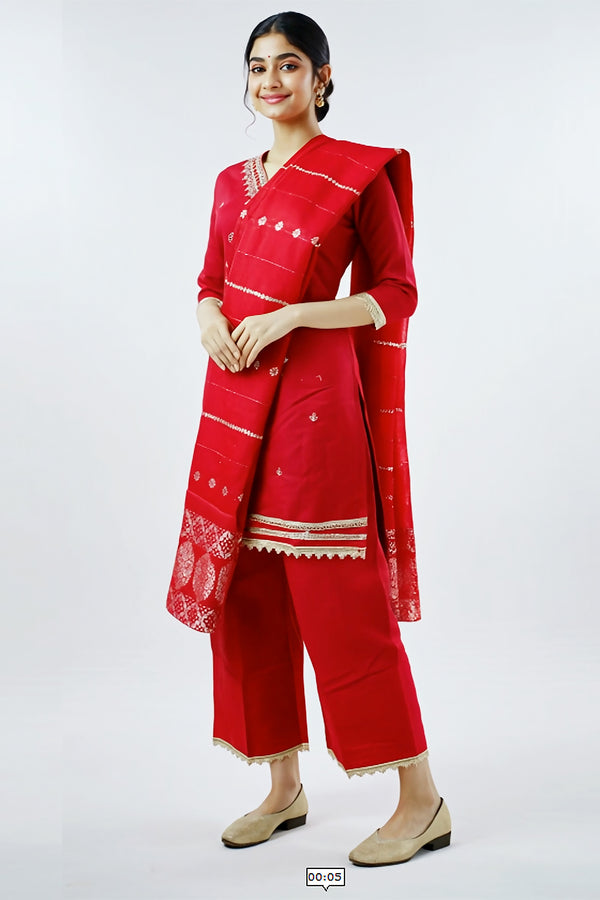 Roman Silk Rani Pink Three-Piece Kurti Set with Banarasi Dupatta - AI Model Photo 1