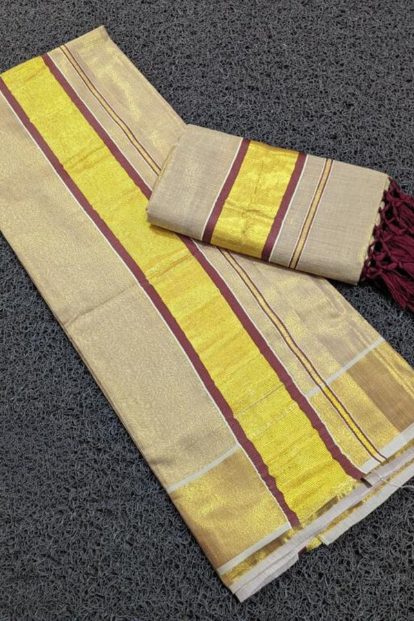 Elegant Saree Vishu Collection - Premium Tissue Set Mundu with Tussels