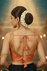 Bright Orange Designer Padded Blouse with Zari Scalloped Embroidery, Sleeveless, Back Knot, Fully Stitched