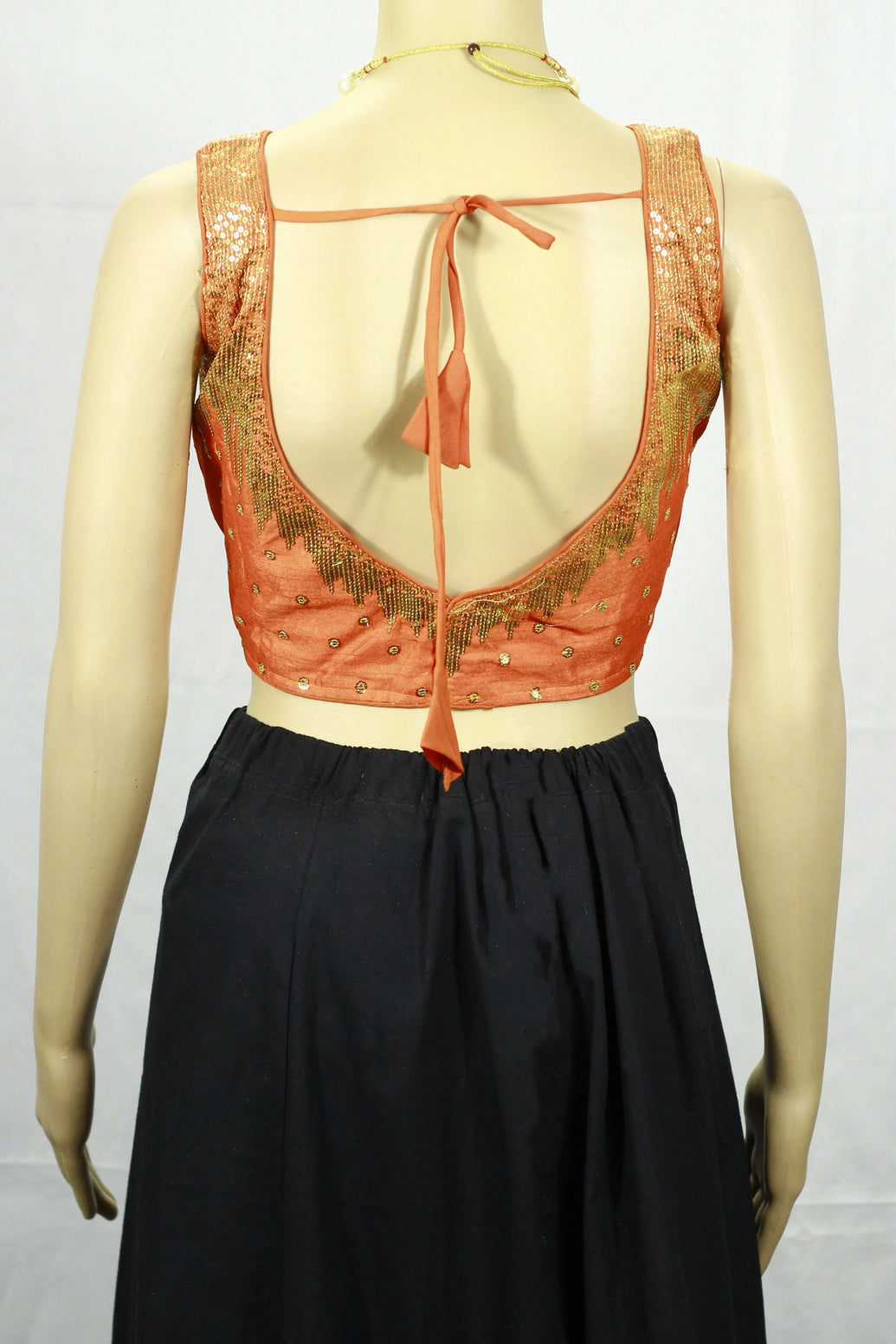 Bright Orange Padded Designer Blouse with Zari Scalloped Embroidery, Sleeveless with Back Knot