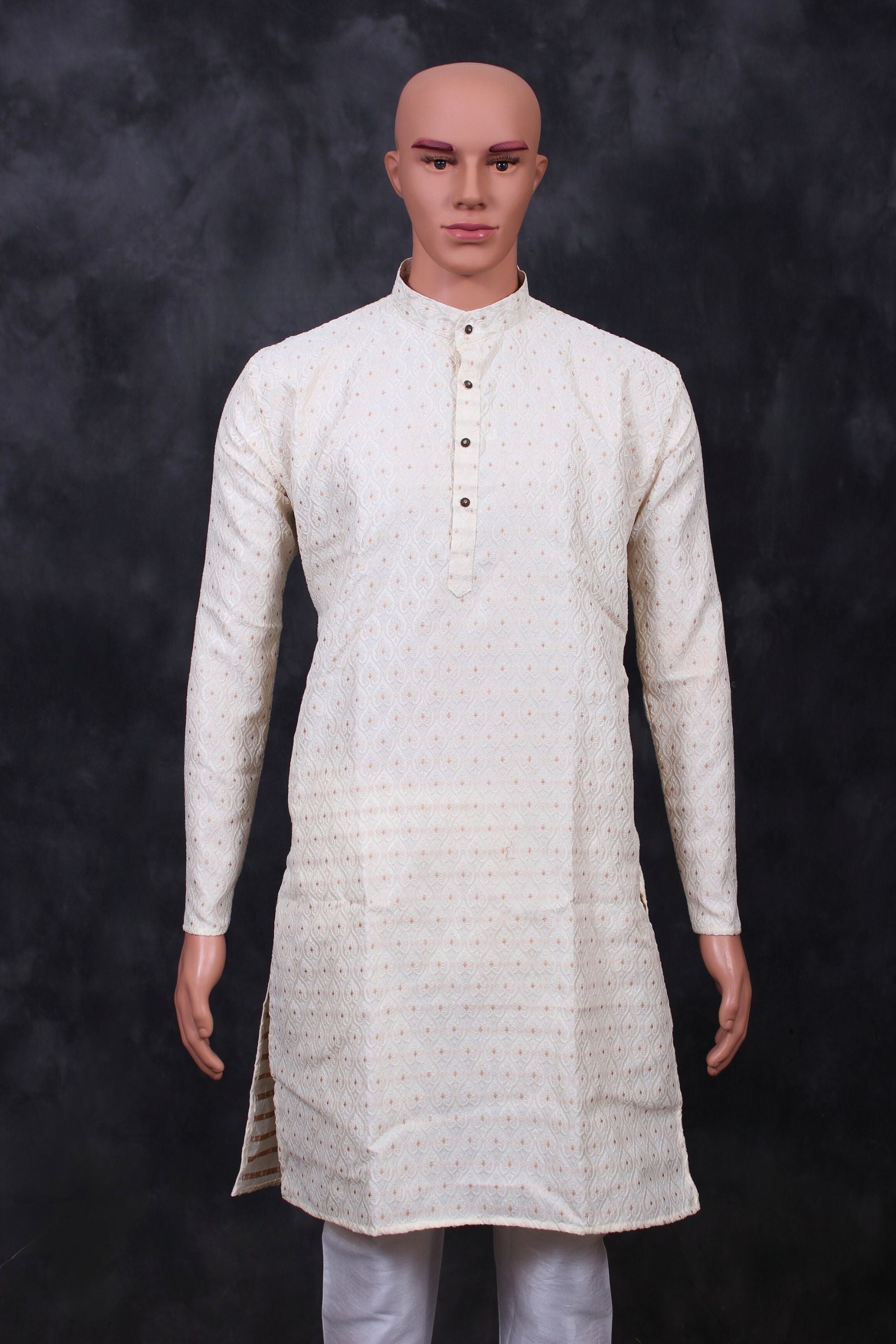 Chic White Hand-Woven Jacquard Men's Kurta for Weddings and Parties Men JCS Fashions Cream Large (40)