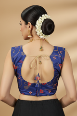 Navy Blue Readymade Designer Padded Blouse with Abstract Floral Thread Work, Sleeveless Back Knot