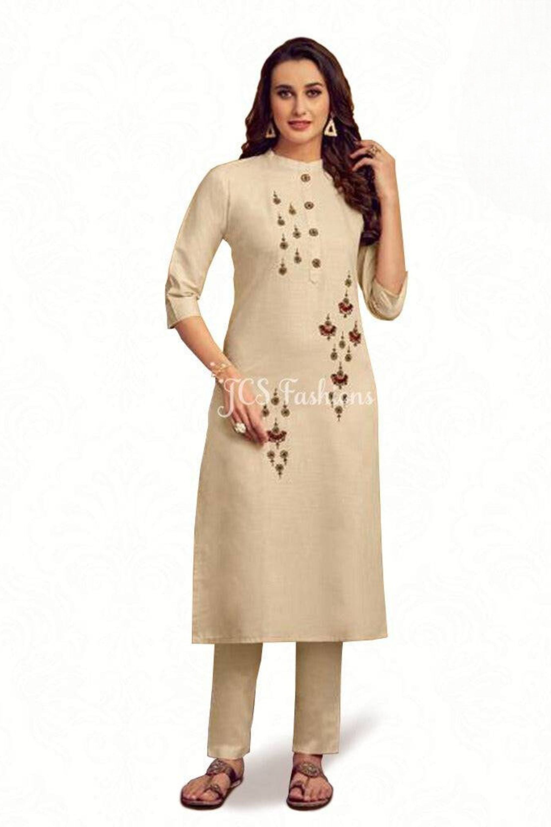 Cotton Kurti With unique hand embroidery in Pastel brown Kurti JCS Fashions Pastel Brown Large (40)