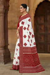 Ajmera Fashion Red Velvet Pure Cotton Printed Saree with Maroon Border, No Blouse Piece (5.5m)