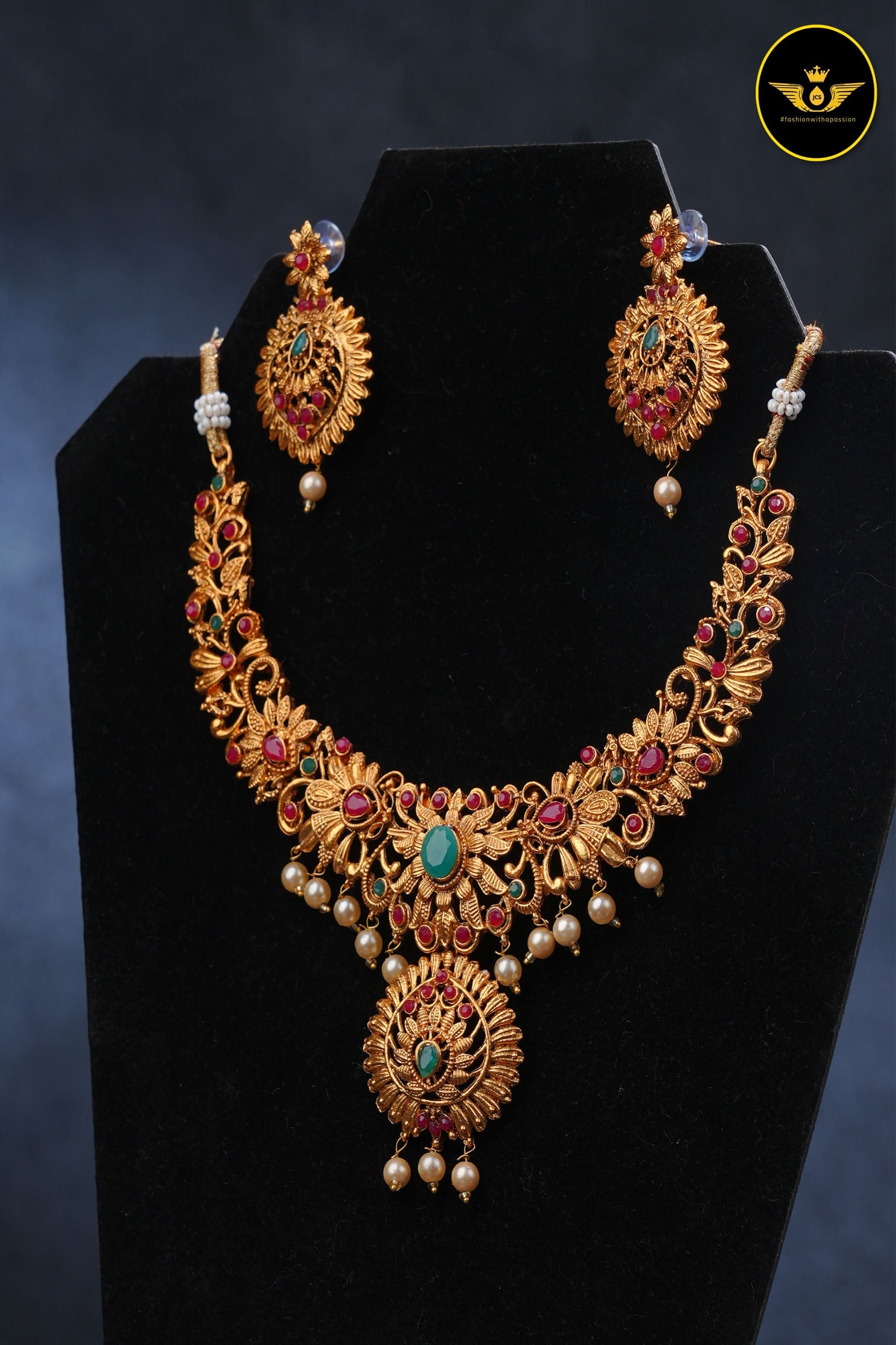 Traditional Matte Finish Neck Set with Pink and Green Stones Jewelry JCS Fashions