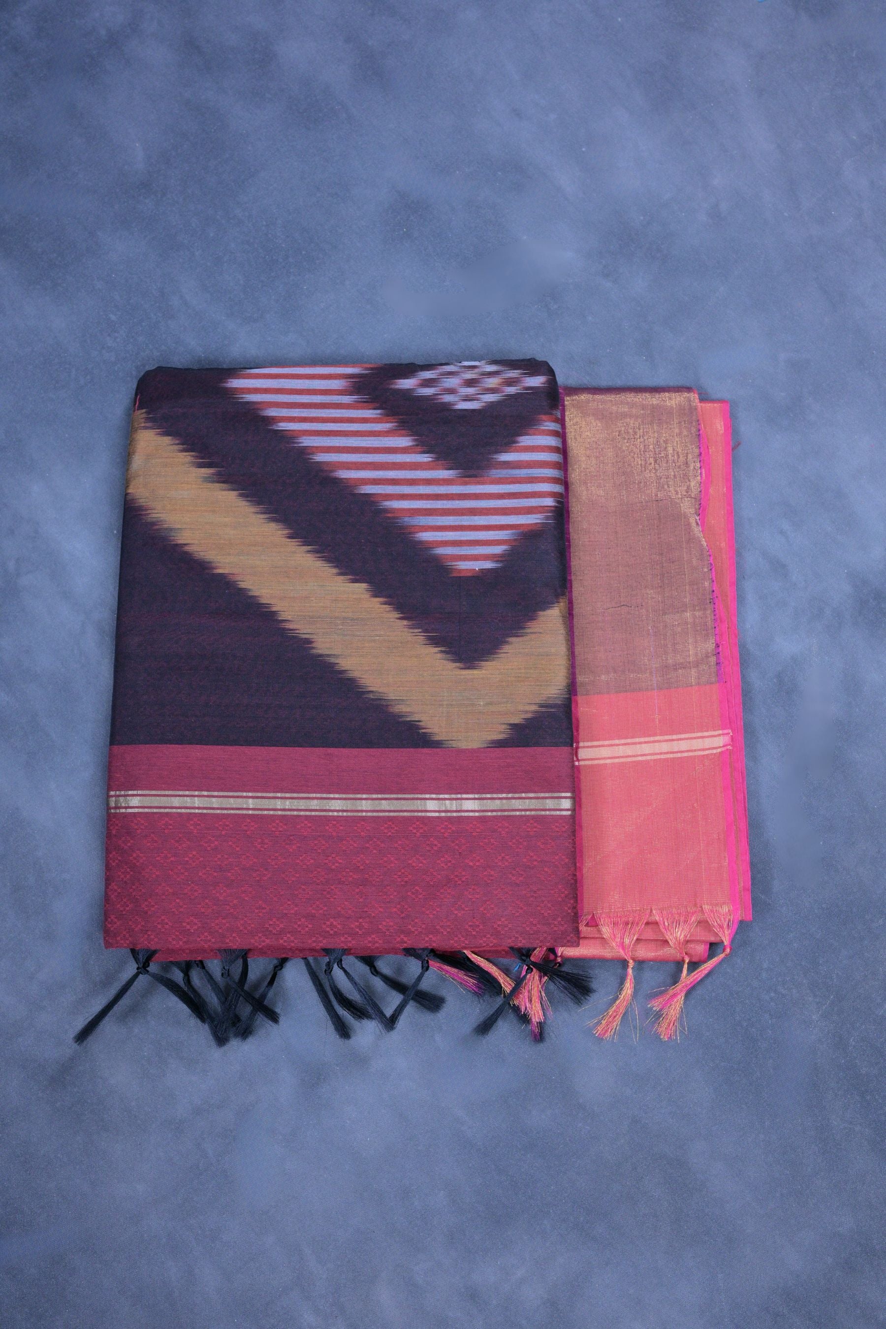Elegant Cotton Saree with Embossed Design & Pochampally Ikkat Pallu Saree JCS Fashions Maroon 5.5 meters