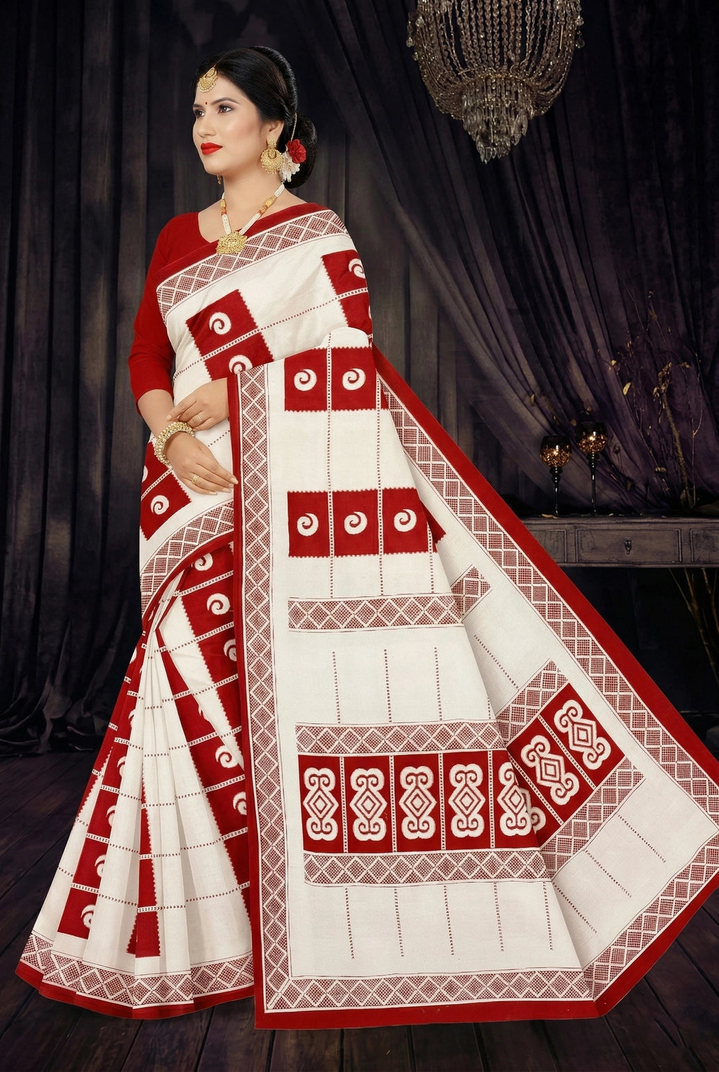 Red and White Cotton Printed Saree with Border and Classic Geometric Motifs for Women