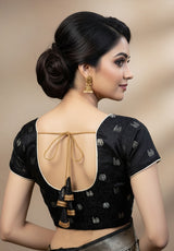 Black Brocade Blouse - Elephant Motifs, Designer