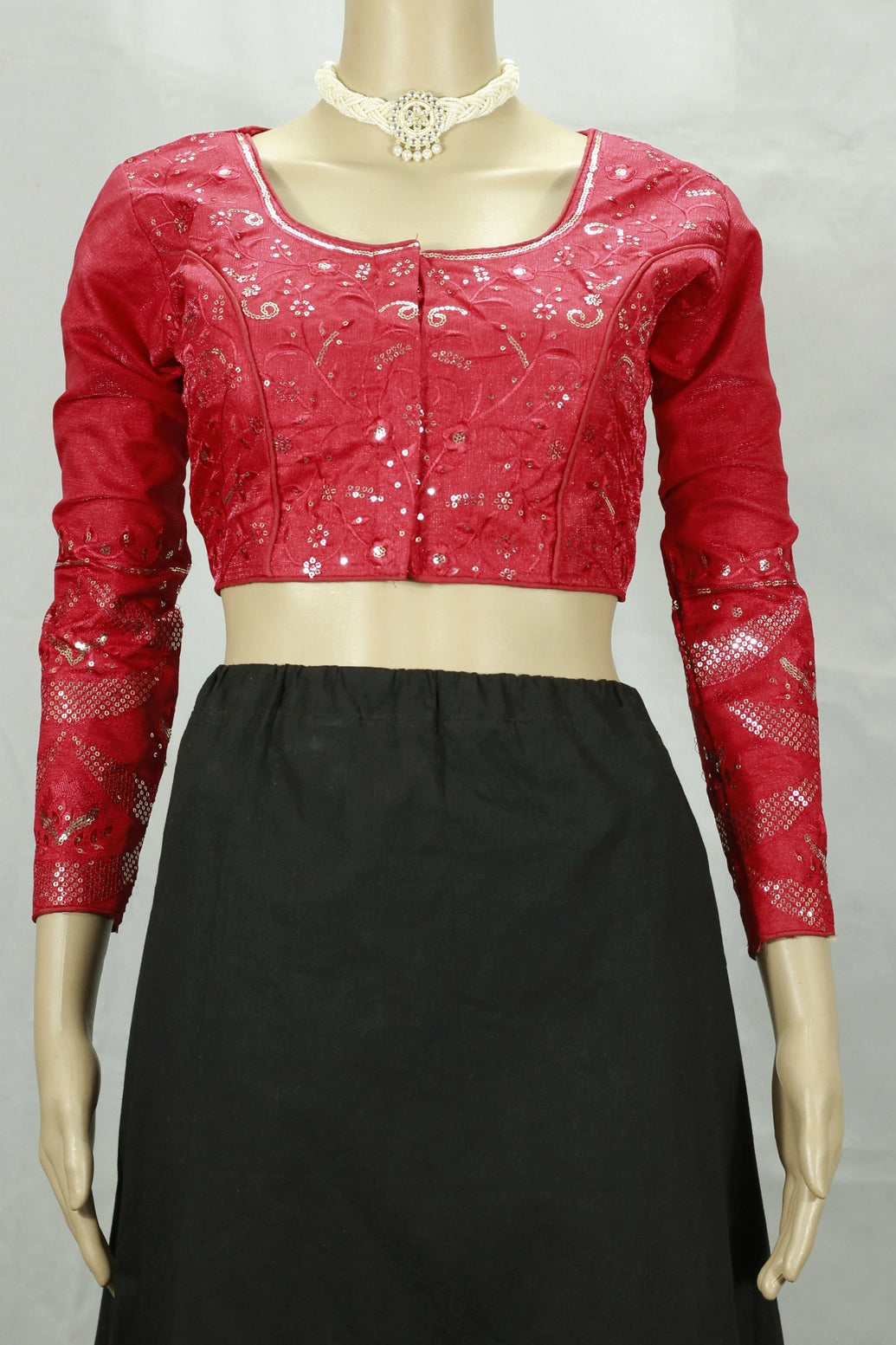 Red Sequence Work Full Sleeve Readymade Padded Blouse with Back Tie and Knot (Fully Stitched) for Saree and Lehenga