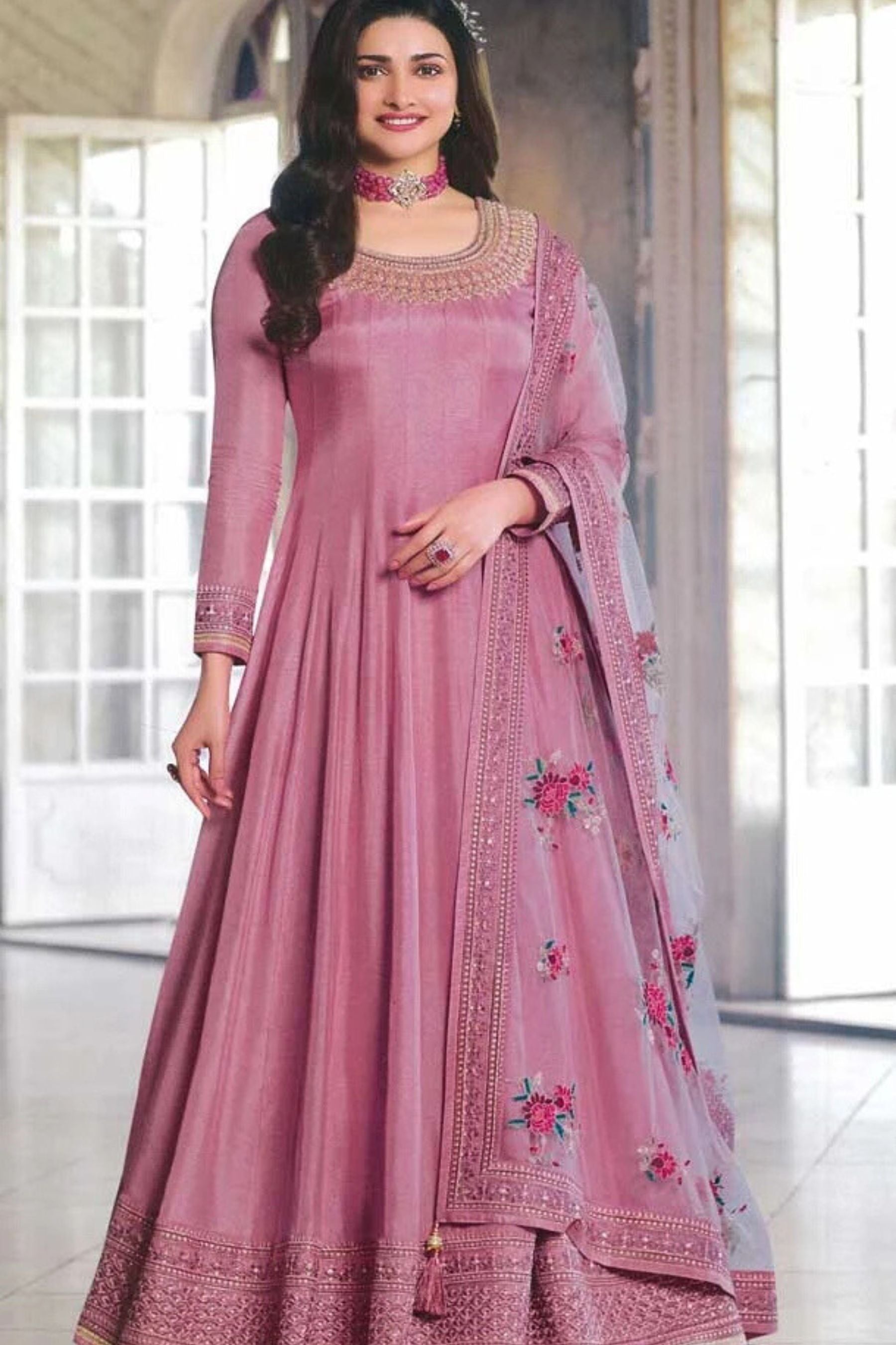 Stunning Dola Silk A-line Floor Length Gown in Mellow Mauve KURTI JCS Fashions Mauve Small (36)