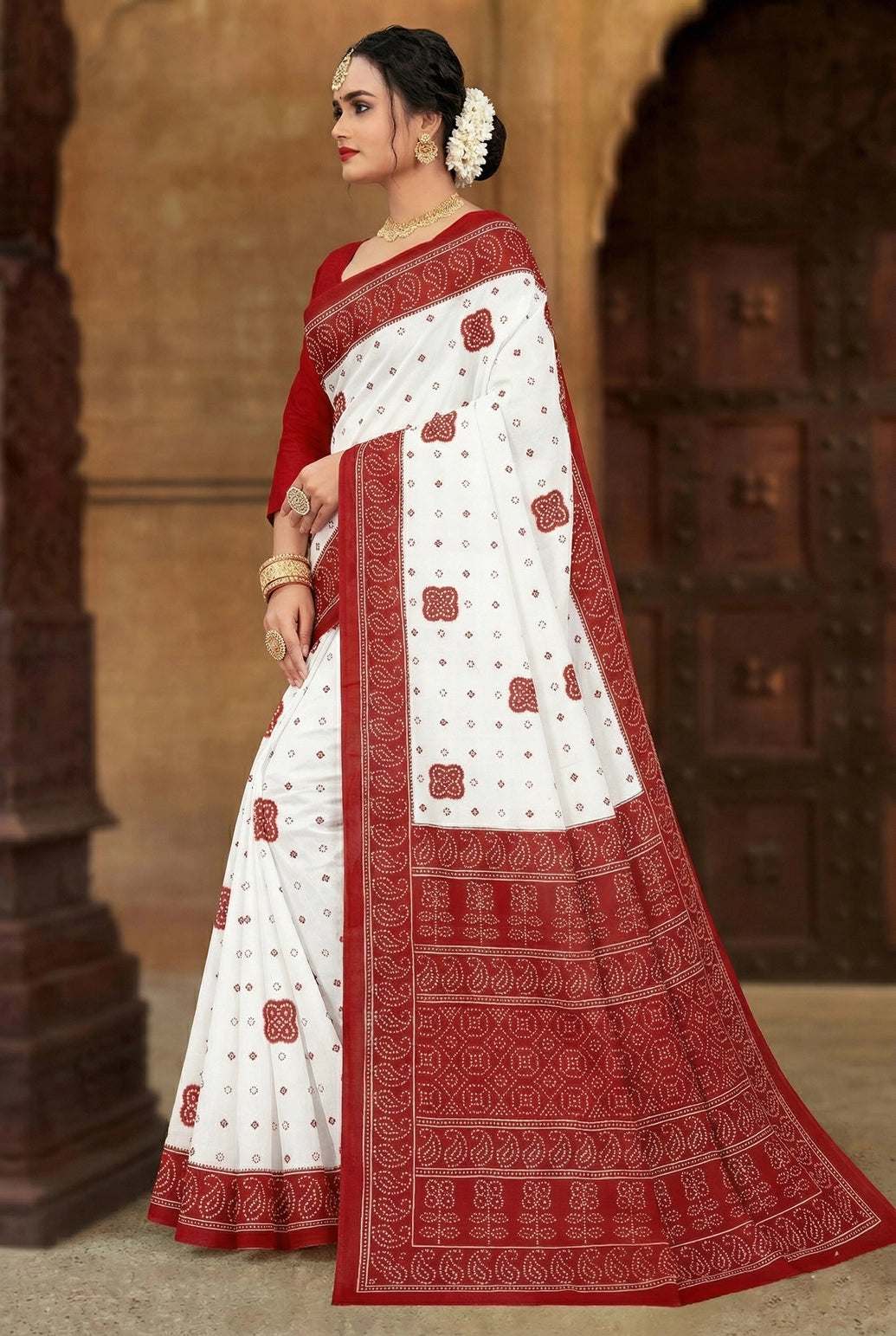 Ajmera Fashion Red Velvet Pure Cotton Printed Saree with Red Border, White Base, Unstitched Blouse Not Included
