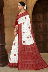 Ajmera Fashion Red Velvet Pure Cotton Printed Saree with Red Border, White Base, Unstitched Blouse Not Included