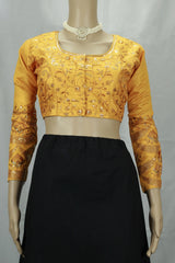 Yellow Sequined Padded Designer Blouse with Full Sleeves and Back Knot, Readymade Stitched