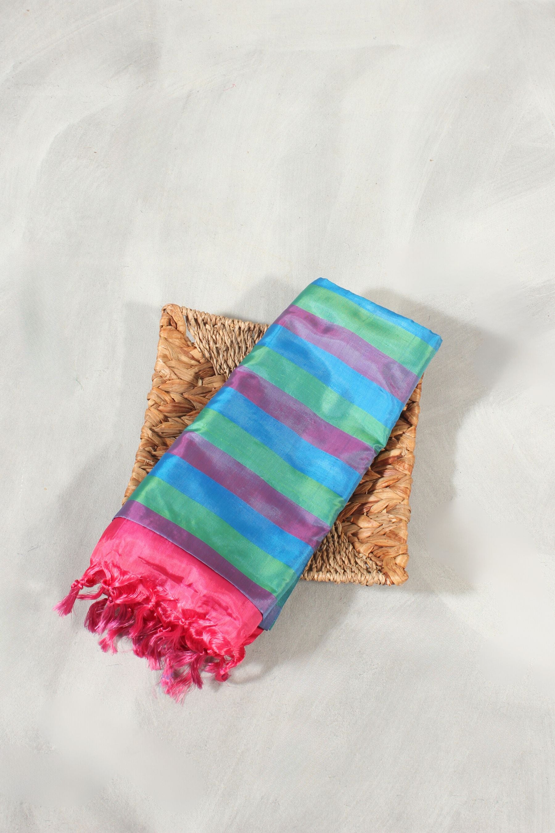 Hand-Woven Banana Pith Saree - Borderless Chic and Sustainable Saree JCS Fashions Blue & Pink 5.5 meters