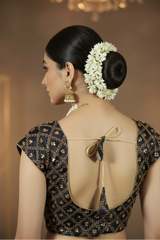 Black Readymade Designer Padded Blouse with Gold-Tone Geometric Floral Embroidery and Back Knot