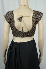 Readymade Designer Padded Blouse, Fully Stitched, Intricate gold-toned embroidery in a geometric floral pattern, Sleeve less, back knot,   U