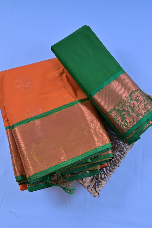 Regal Peacock-Design Saree with Copper Zari Motifs & Double-sided Border