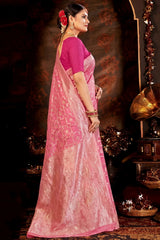 Rose Pink Crush Cotton Candy Weave Saree with Blouse, Lightweight Traditional Ethnic Wear for Women