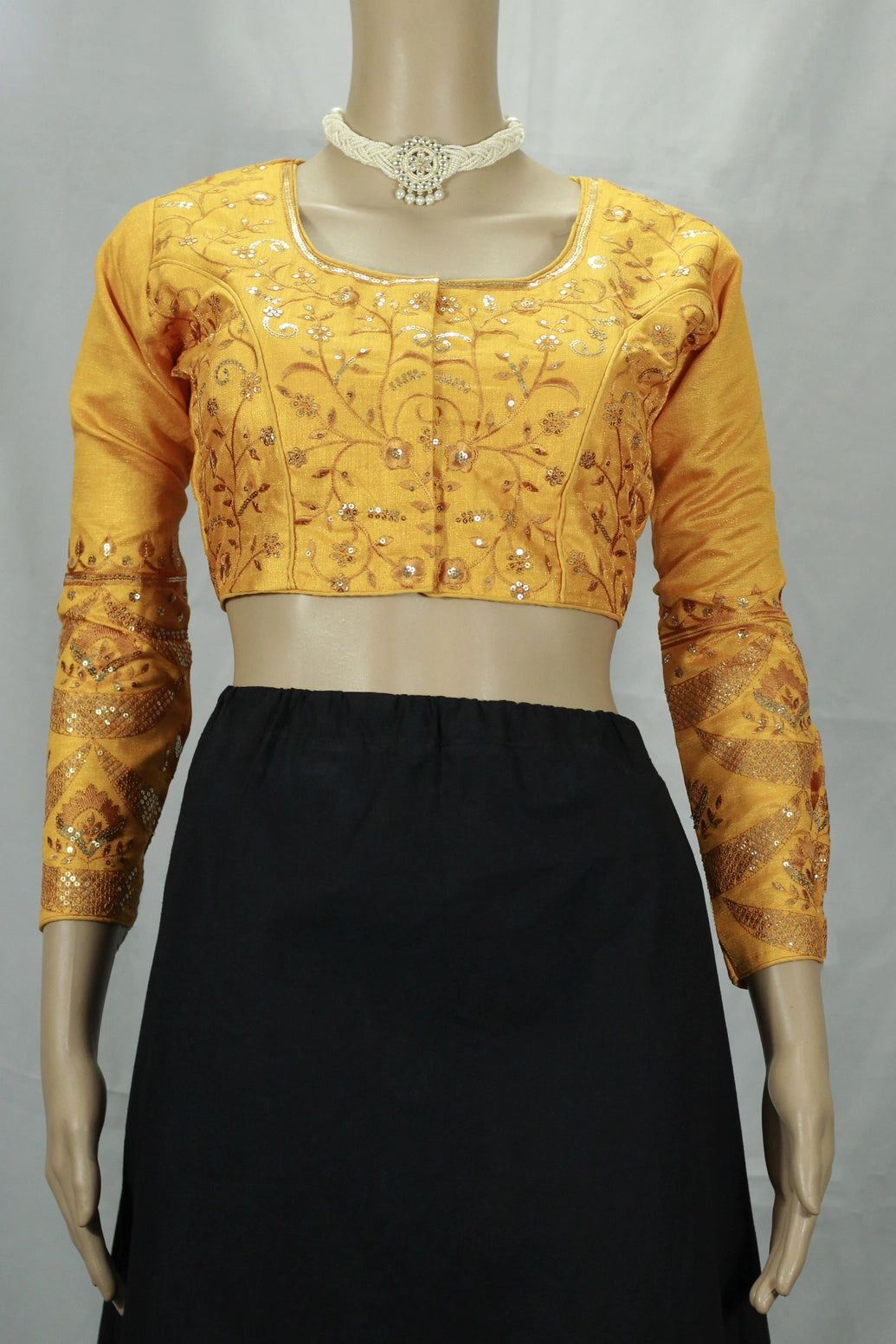 Yellow Sequined Padded Designer Blouse with Full Sleeves and Back Knot, Readymade Stitched