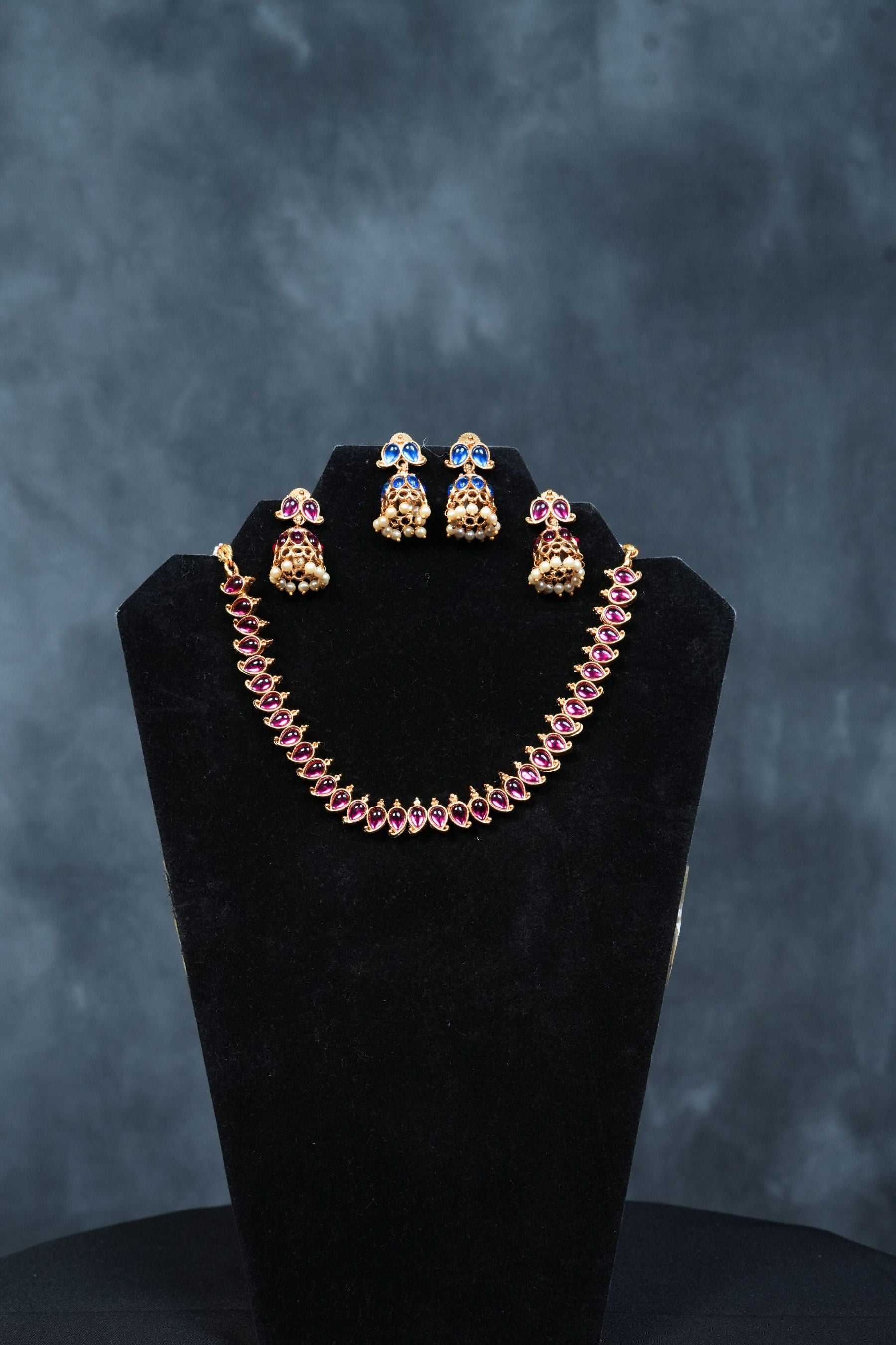 Dual Chic : Matte Finish Neckset with Pink & Blue Stones - JCSFashions Jewelry JCS Fashions