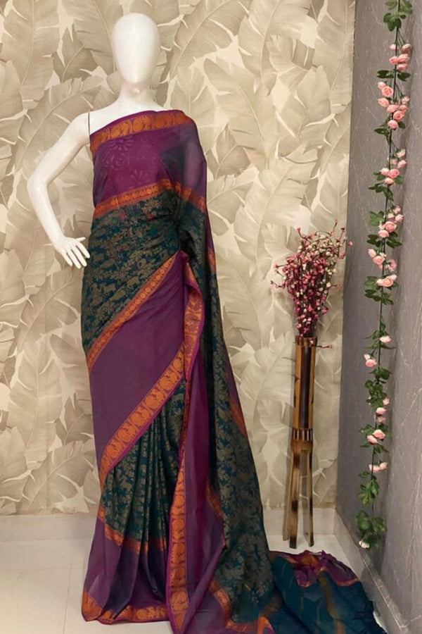 Handloom Kanchi Cotton Saree - Green and Pink - Traditional Weaving