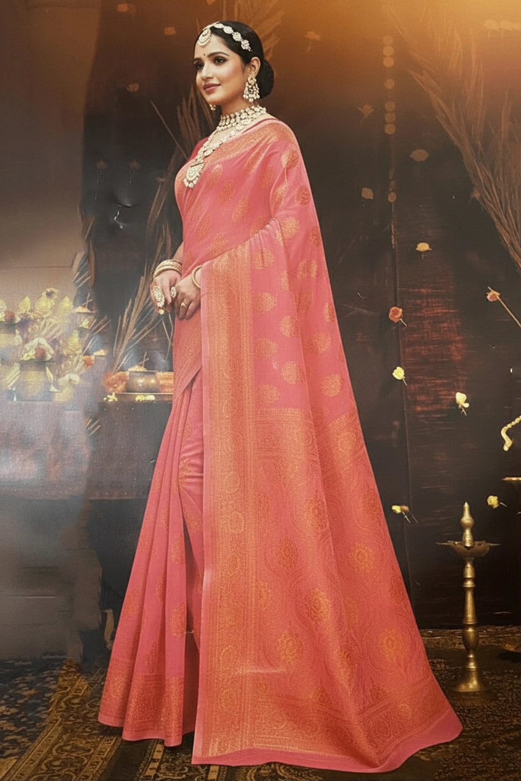 Peach Cotton Shimmer Saree with Stone Work and Grand Pallu, Designer Saree with Blouse