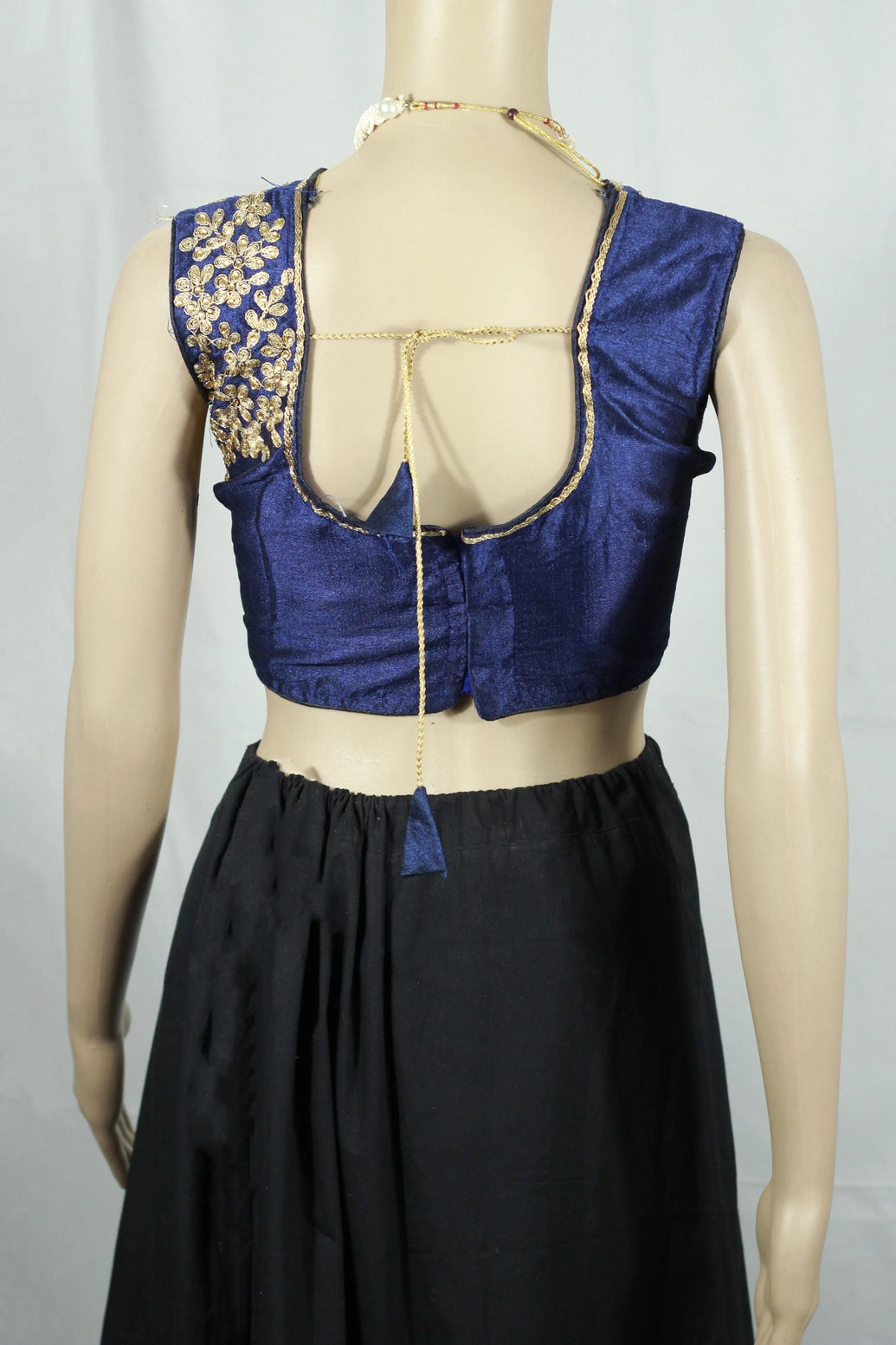 Dark Blue Padded Designer Sleeveless Blouse with Golden Aari Floral Work and Back Knot, Fully Stitched