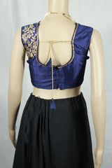 Dark Blue Padded Designer Sleeveless Blouse with Golden Aari Floral Work and Back Knot, Fully Stitched
