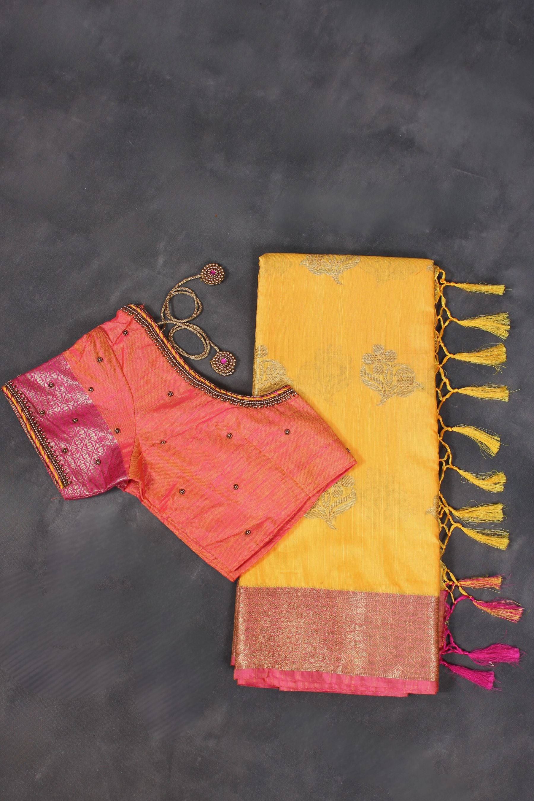 Festive Jute Banarasi Silk Saree with Aari Work Blouse JCS Fashions Yellow 5.5 meters