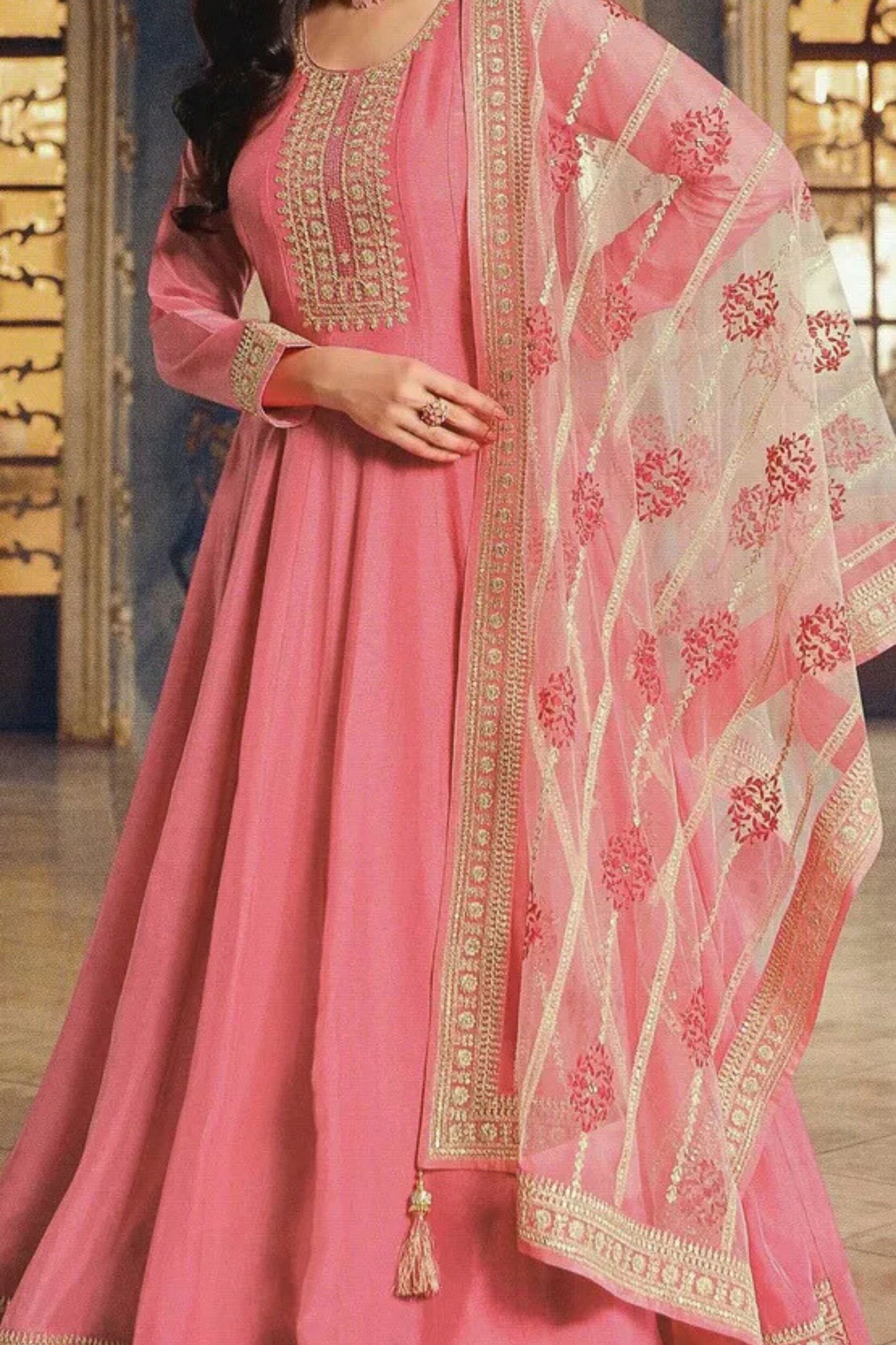 Stunning Dola Silk A-line Floor Length Gown in Pretty Pink KURTI JCS Fashions