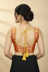 Orange Geometric Zari Padded Ready-to-Wear Sleeveless Blouse with Back Knot, Fully Stitched