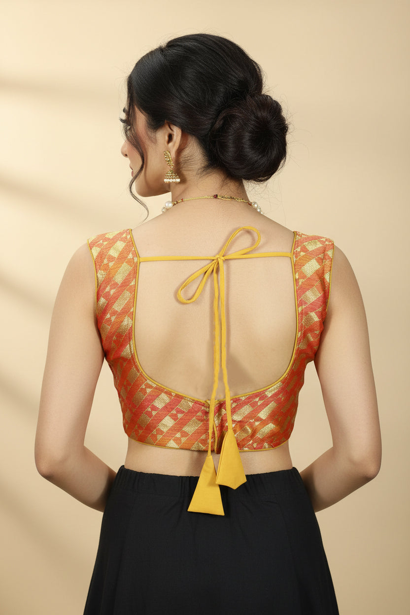 Orange Geometric Zari Padded Ready-to-Wear Sleeveless Blouse with Back Knot, Fully Stitched