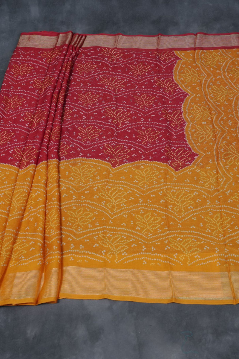 Multicolor Bandini Chiffon Sarees with Zari Border and Printed Pallu