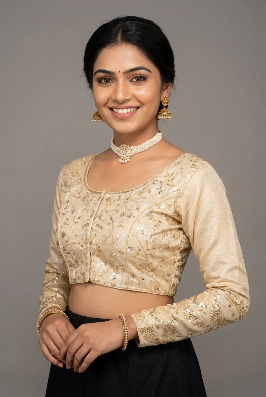 Sandal Readymade Padded Designer Sequence Work Blouse with Full Sleeves and Back Knot