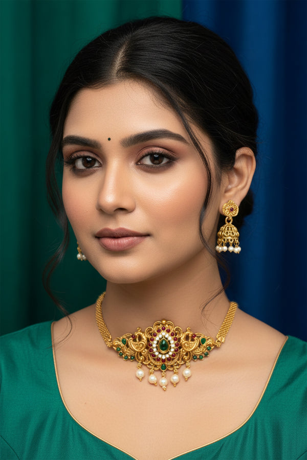 Gold-Tone Temple Choker Necklace Set with Red & Green Stones, Pearl Drops and Matching Jhumka Earrings