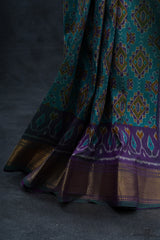 Exquisite Soft Ikkat Silk Saree with Aari Work Contrast Blouse
