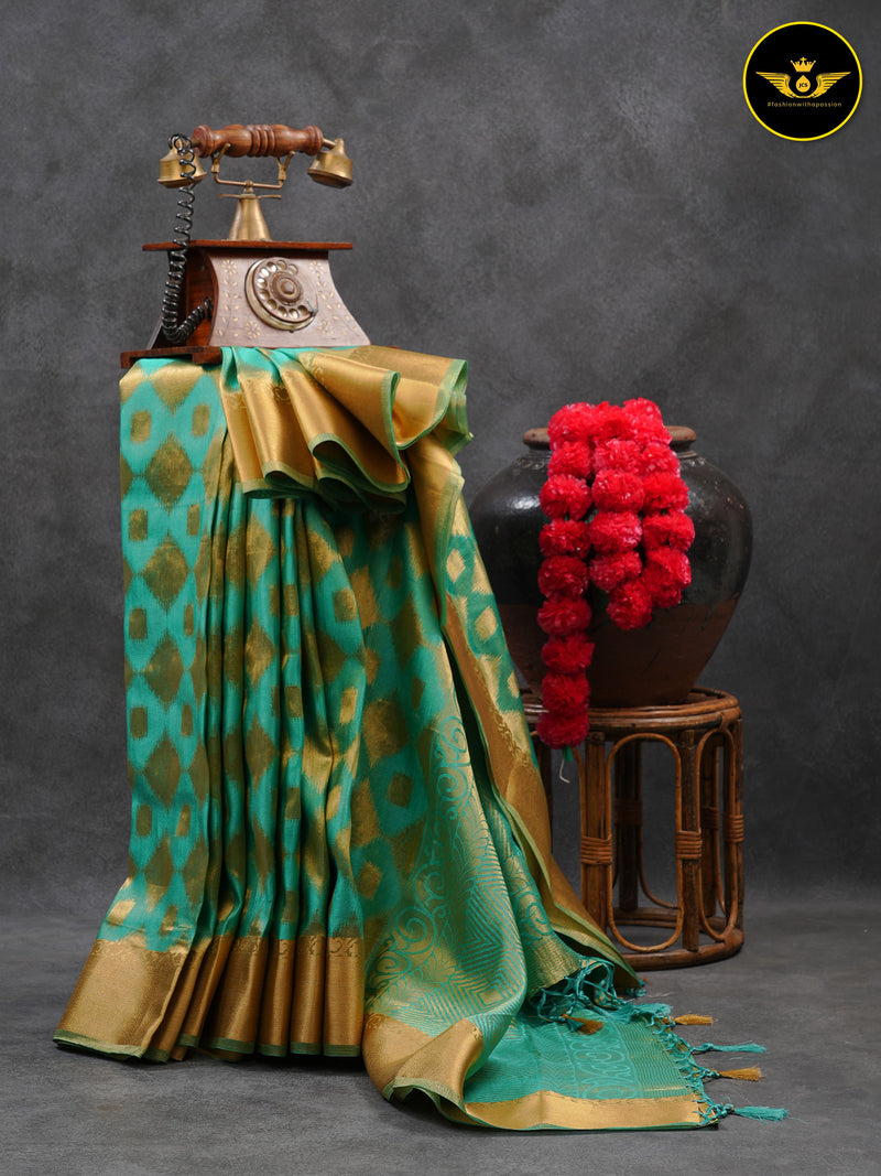 Turquoise Green Color Chanderi Silk Saree With Lace Work Blouse