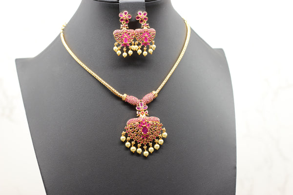 Attigai Pink Stone & Bead Chain and Earring Set in Gold Polish