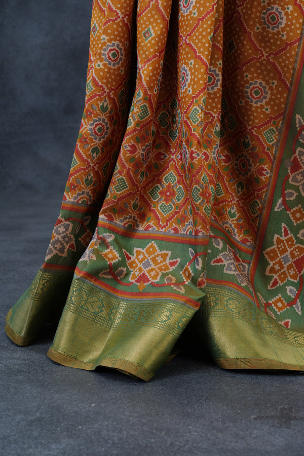 Elegant Ikkat Silk Saree with Aari Work Contrast Blouse & Traditional