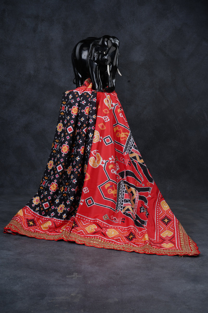 Satin Silk Patola Saree in Imperial Black & Red with Stitched Blouse