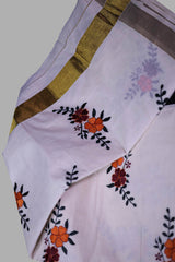 Classic Kerala Cotton Kasavu Saree with Floral Motif & Copper Border