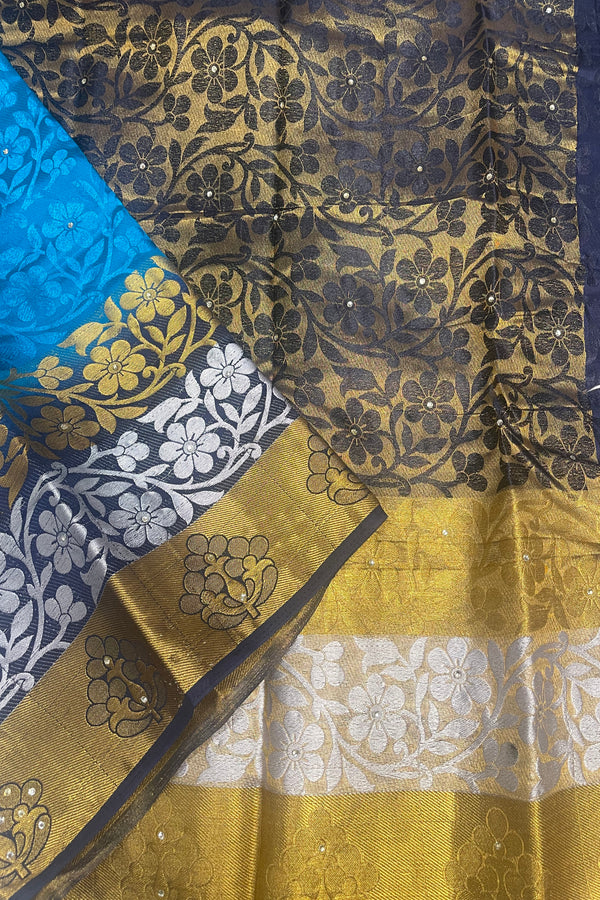 Radiant Charm: Embossed Silk Cotton Saree with Stunning Stone Work