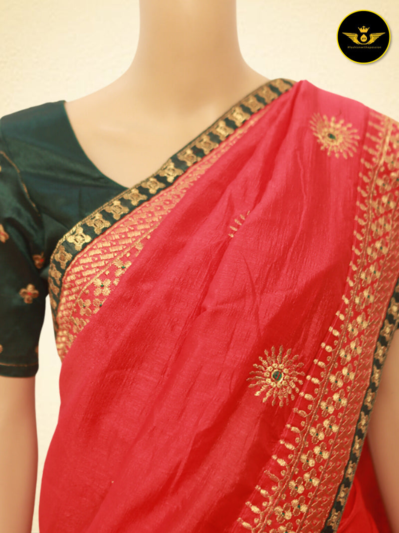Art Silk Saree With Embroidery Pattern Fully stitched Blouse
