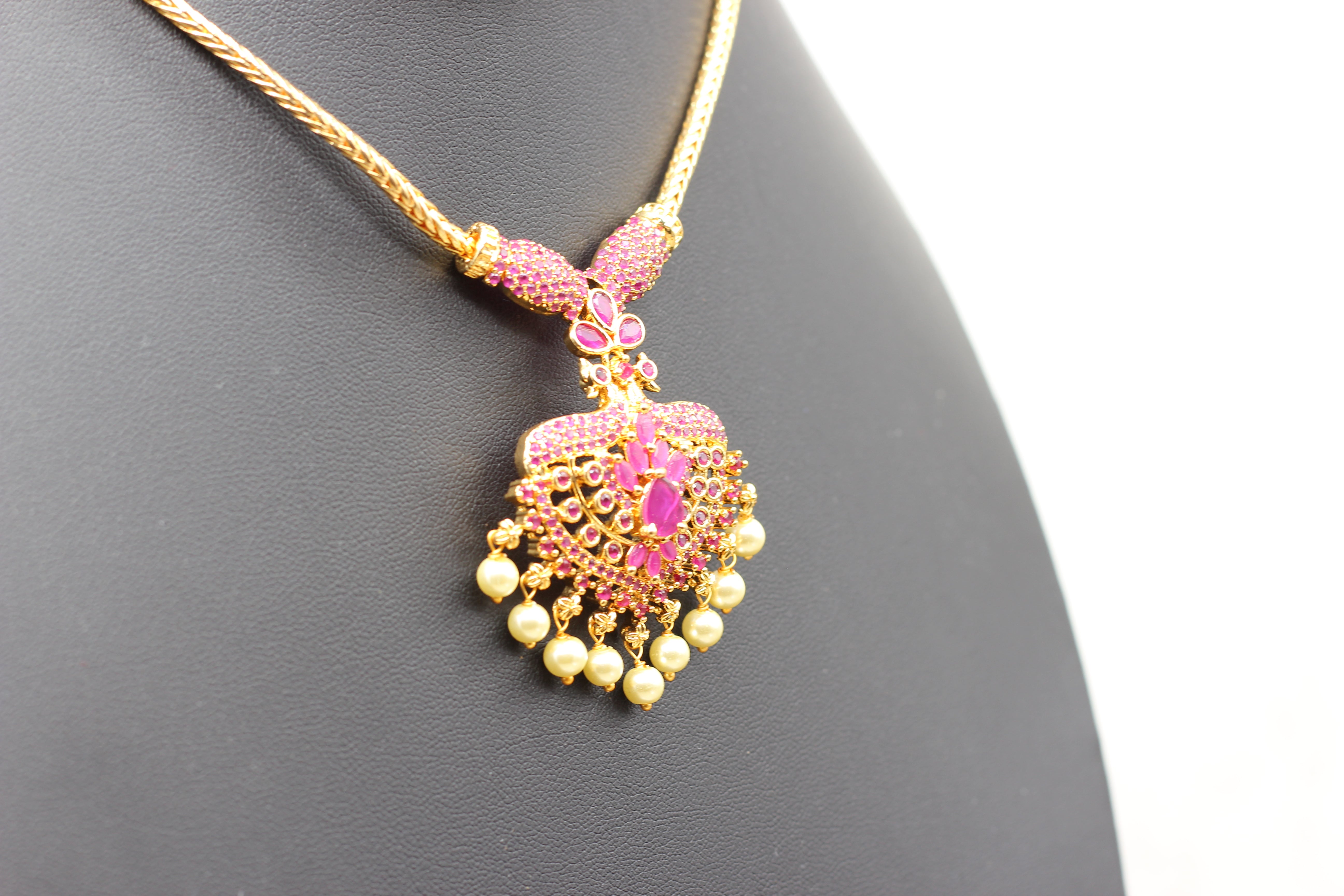 Attigai Pink Stone & Bead Chain and Earring Set in Gold Polish Jewelry JCS Fashions