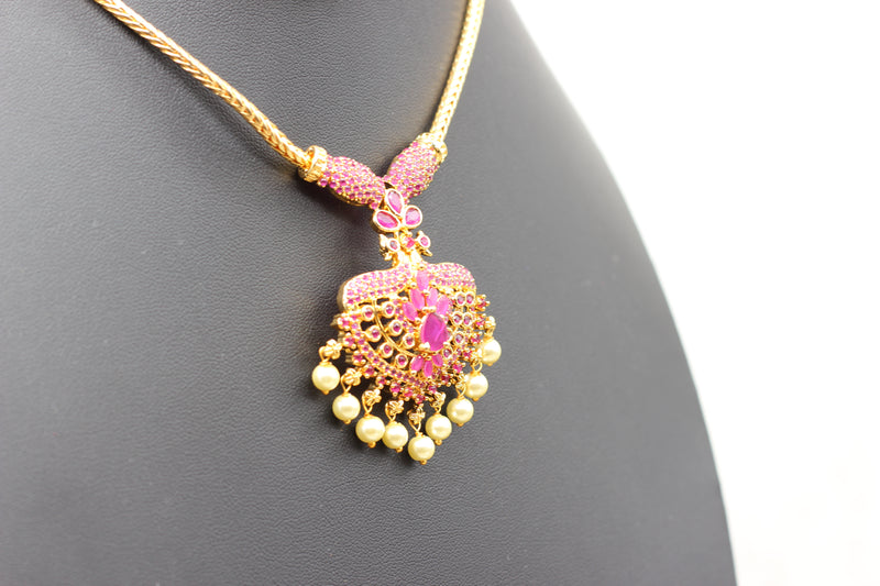 Attigai Pink Stone & Bead Chain and Earring Set in Gold Polish