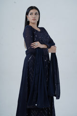 Elegant  Floor-Length Gown with Embroidery & Sequins - Navy Blue