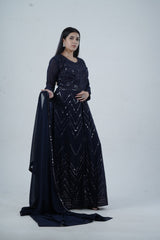 Elegant  Floor-Length Gown with Embroidery & Sequins - Navy Blue