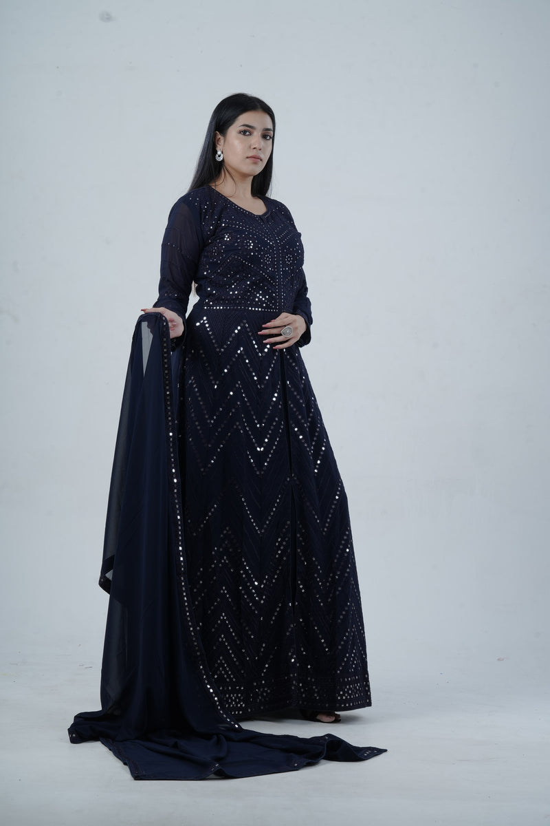 Elegant  Floor-Length Gown with Embroidery & Sequins - Navy Blue