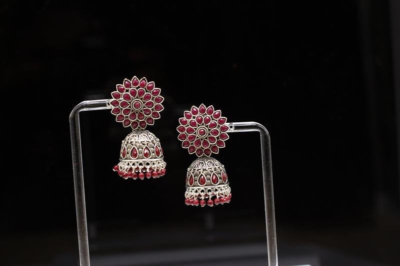 Maroon Stone Fancy Beads Jhumka Earrings in Oxidized Silver