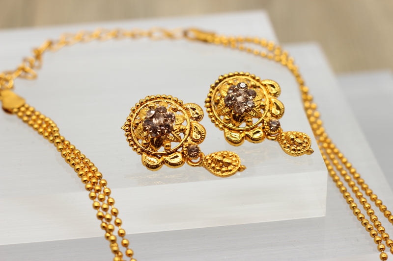 Traditional Matte-Finish Golden Stone Chain and Earrings Set